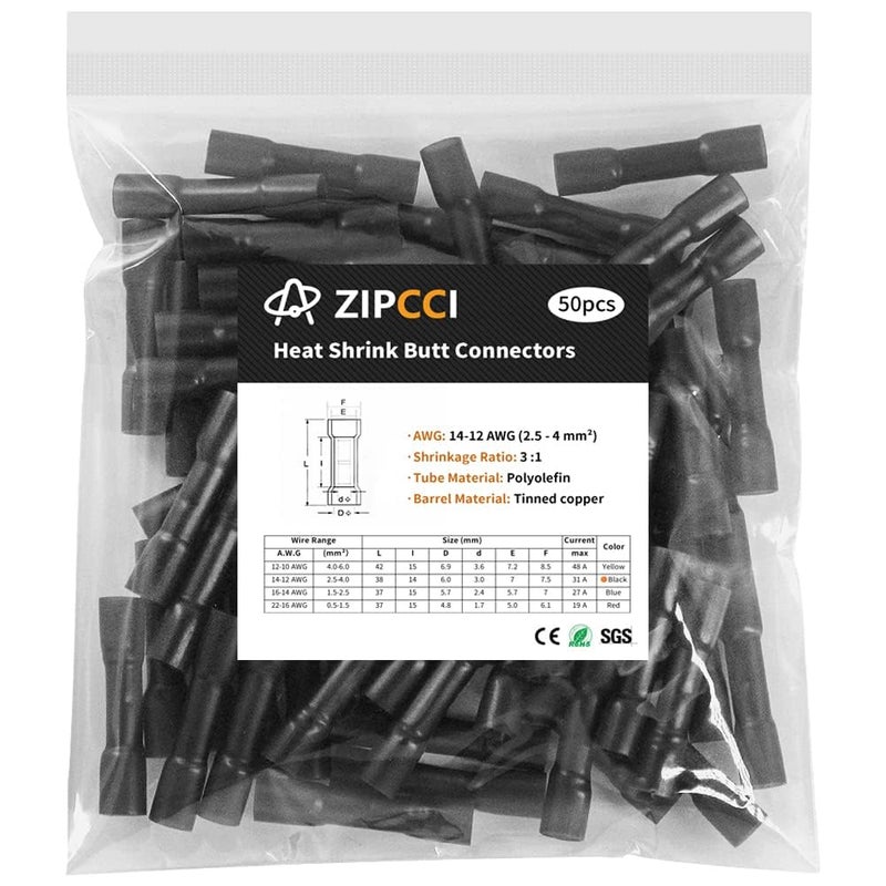 ZIPCCI 14-12 AWG Butt Connectors Heat Shrink - 50Pcs Black Electrical Wire Connector Insulated Waterproof Boat Automotive Wire Splice Crimp Wiring Terminals - Image 1